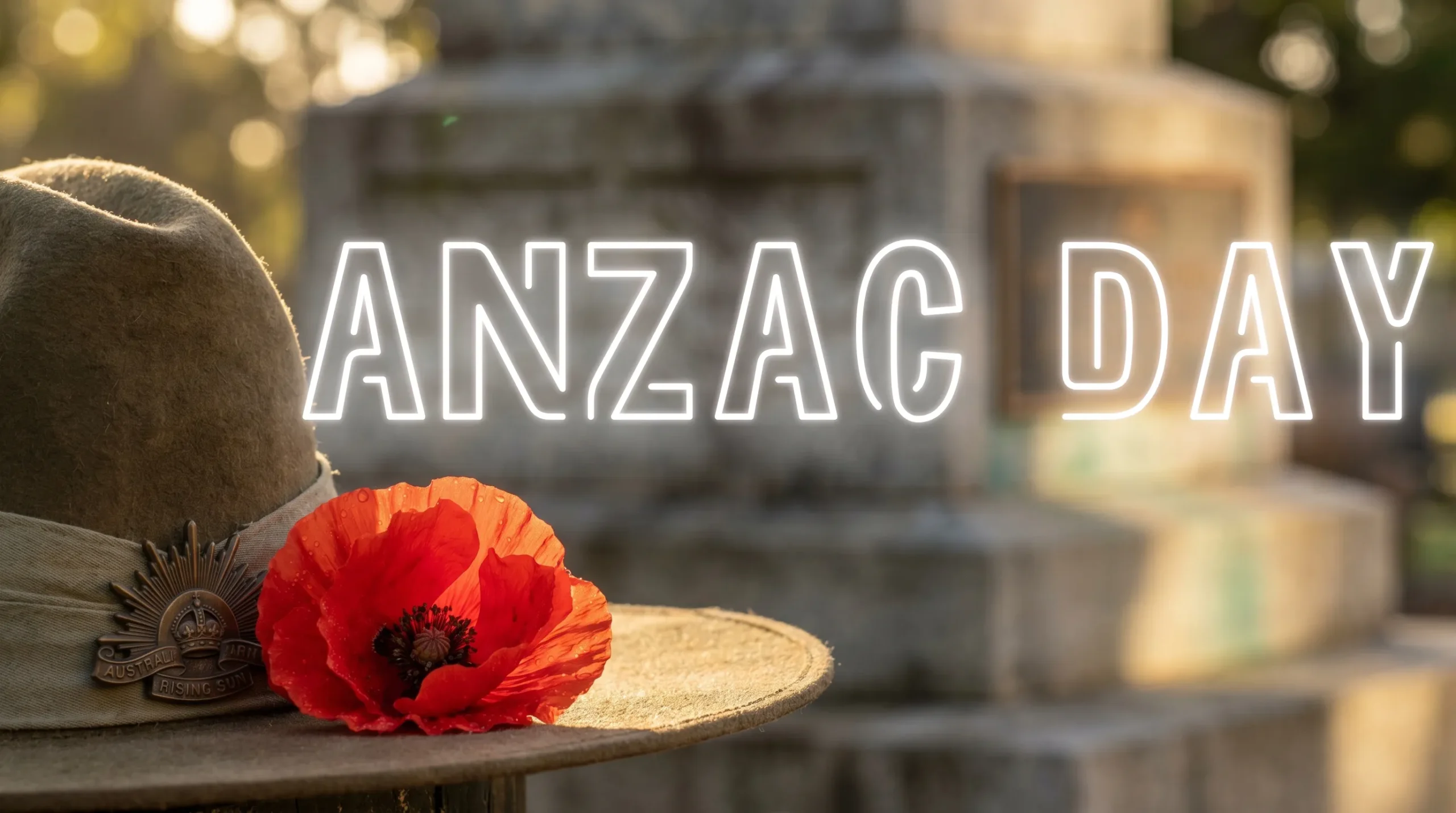Anzac Day memorial tribute featuring a traditional Australian military slouch hat with a red poppy resting on the brim and the text ANZAC DAY.