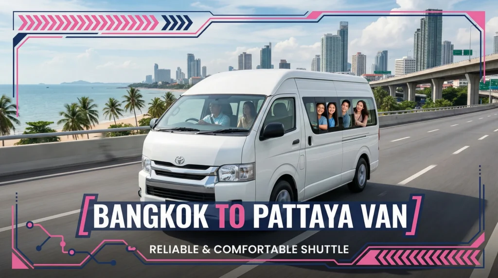 Promotional banner for a reliable and comfortable van shuttle service from Bangkok to Pattaya, featuring a white passenger van driving on a highway.