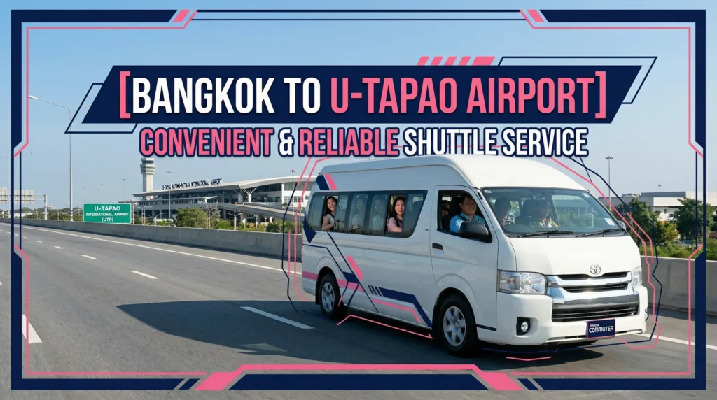 Promotional banner for convenient and reliable minivan shuttle service from Bangkok to U-Tapao Airport, featuring a white passenger van driving on a highway.