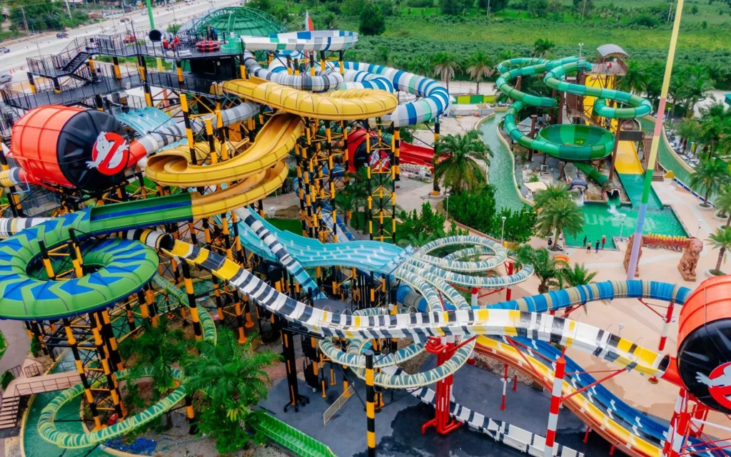 Colorful water slides and themed attractions at Columbia Pictures Aquaverse water park in Pattaya, Thailand.