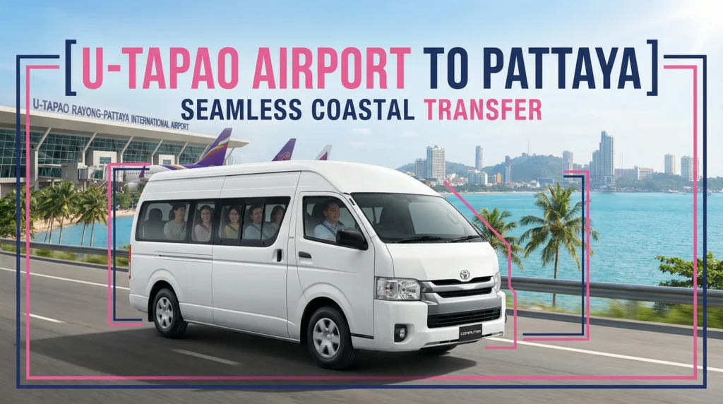 Promotional banner for seamless coastal transfer from U-Tapao Airport to Pattaya, featuring a white Toyota passenger minivan driving along a scenic coastal road.