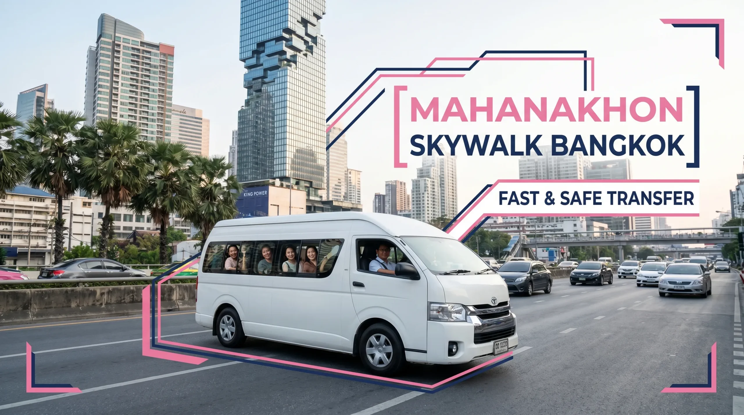 Promotional travel banner titled "10 Best Things To Do In Bangkok: Your Ultimate Travel Guide," featuring a white passenger van driving on an elevated highway with the city skyline in the background.