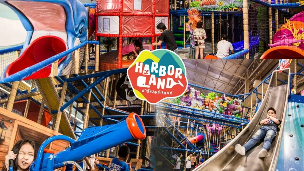 A collage of children having fun with various activities like giant slides and interactive climbing zones at HarborLand indoor playground in Pattaya.