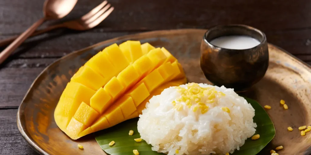 Classic Thai dessert Mango Sticky Rice featuring sweet sliced ripe mango, sticky rice topped with crispy yellow mung beans, and coconut milk on the side.