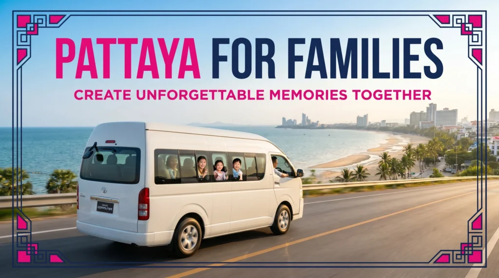 Promotional travel banner titled "Pattaya For Families" featuring a white passenger van driving along a scenic coastal road with a smiling family inside.