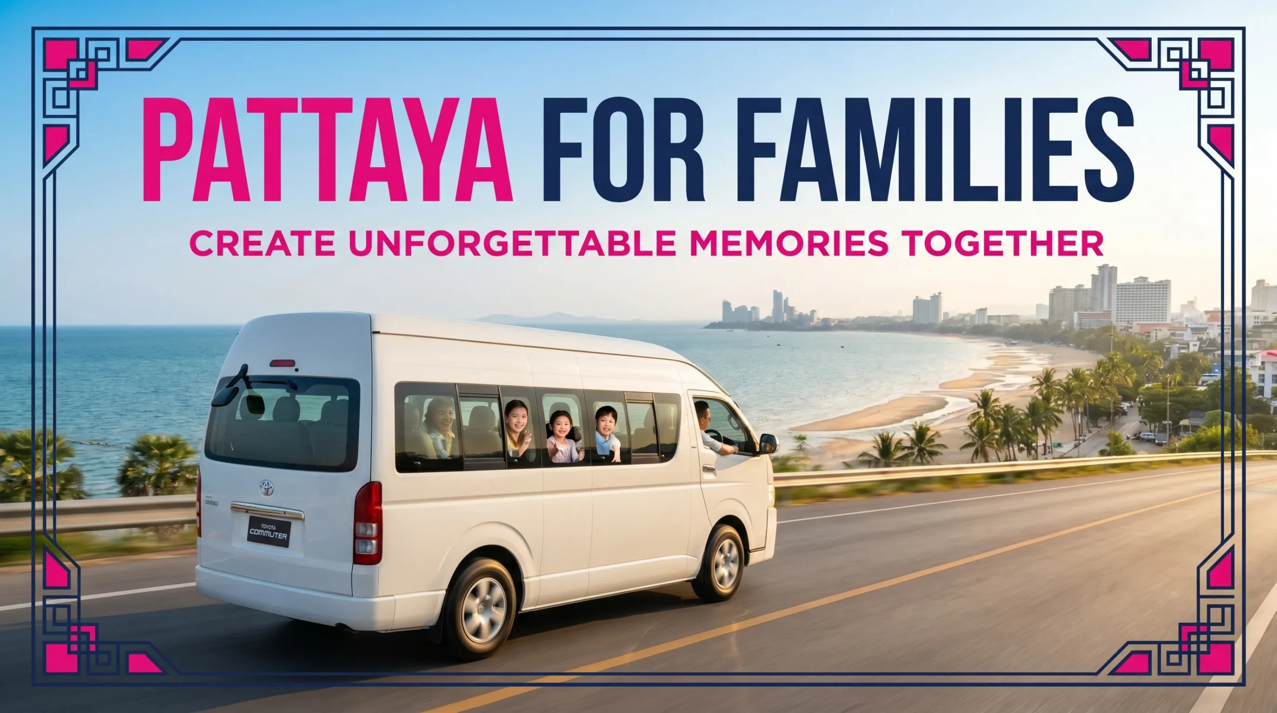 Promotional travel banner titled "Pattaya For Families" featuring a white passenger van driving along a scenic coastal road with a smiling family inside.