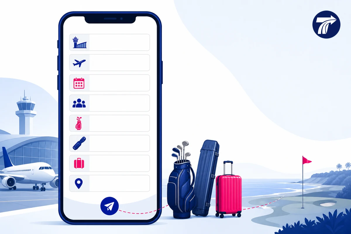 Airport golf transfer booking message with flight and luggage fields