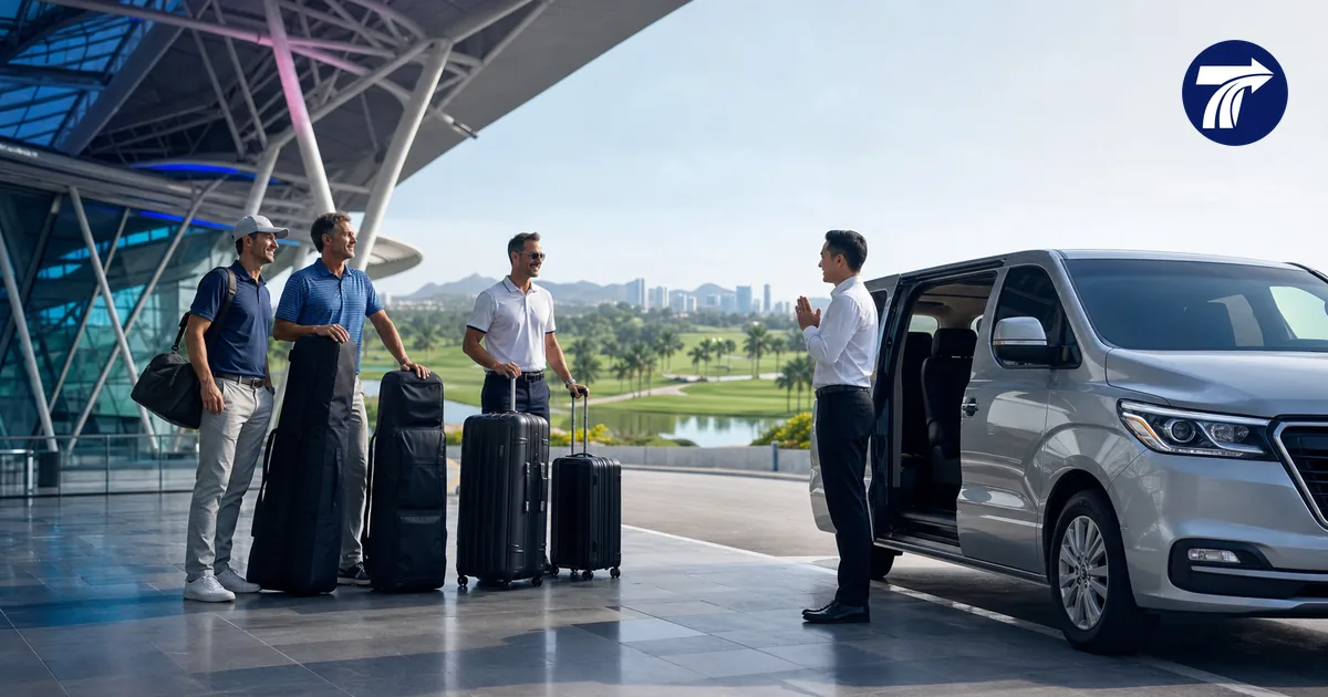 Golfers with travel bags meeting a private transfer at a Thailand airport for Pattaya