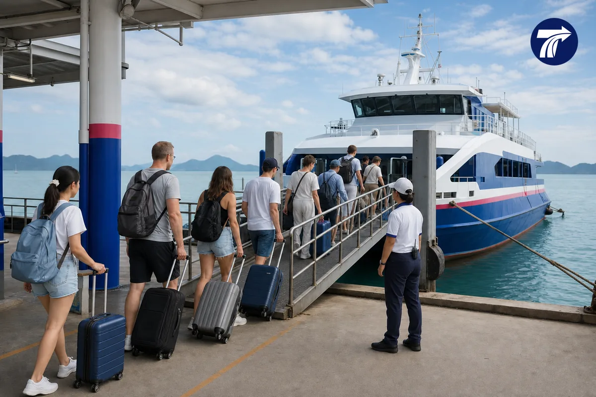 Travellers boarding a ferry at Ban Phe