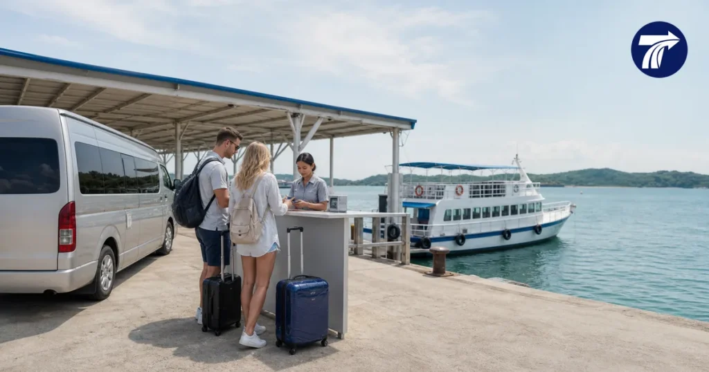 Travellers preparing for a Koh Samet boat at Ban Phe