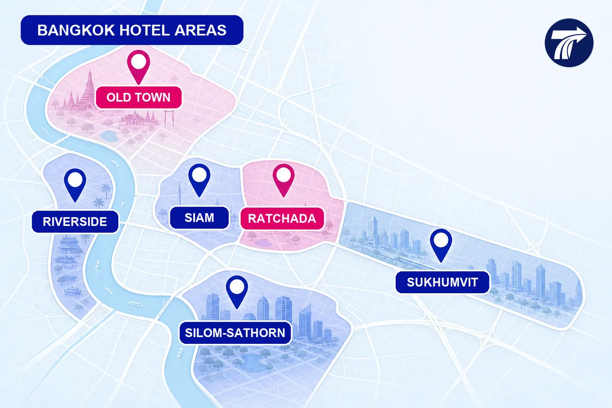 Map of major Bangkok hotel areas for drop-off planning