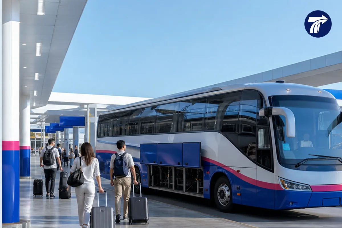 Travelers moving luggage during a bus connection