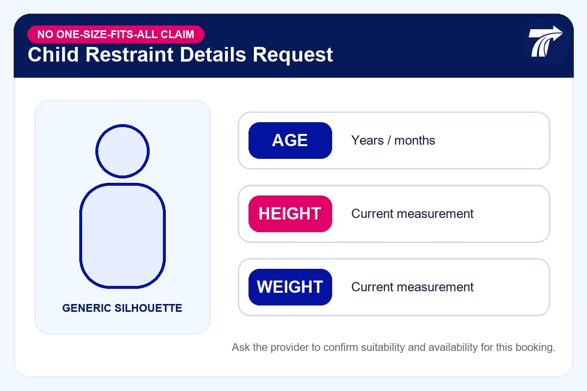 Age height and weight details for a child restraint request