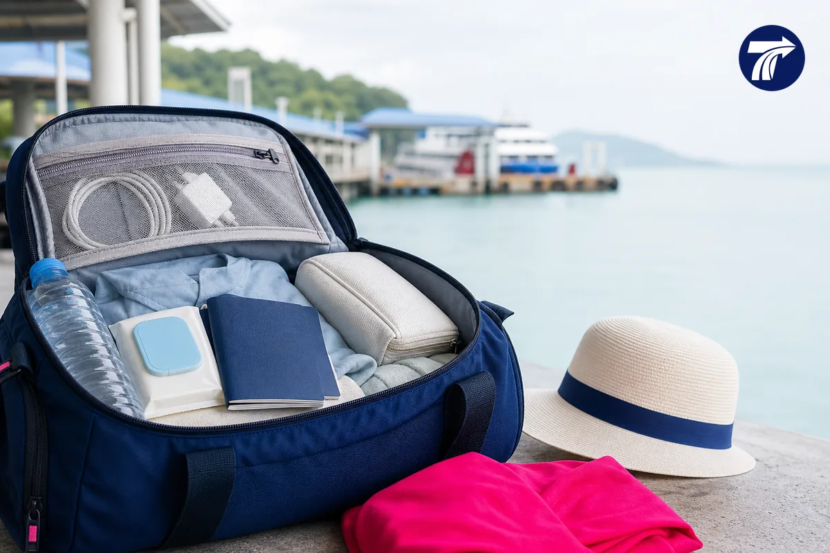 Essential day bag prepared for a Koh Chang ferry crossing