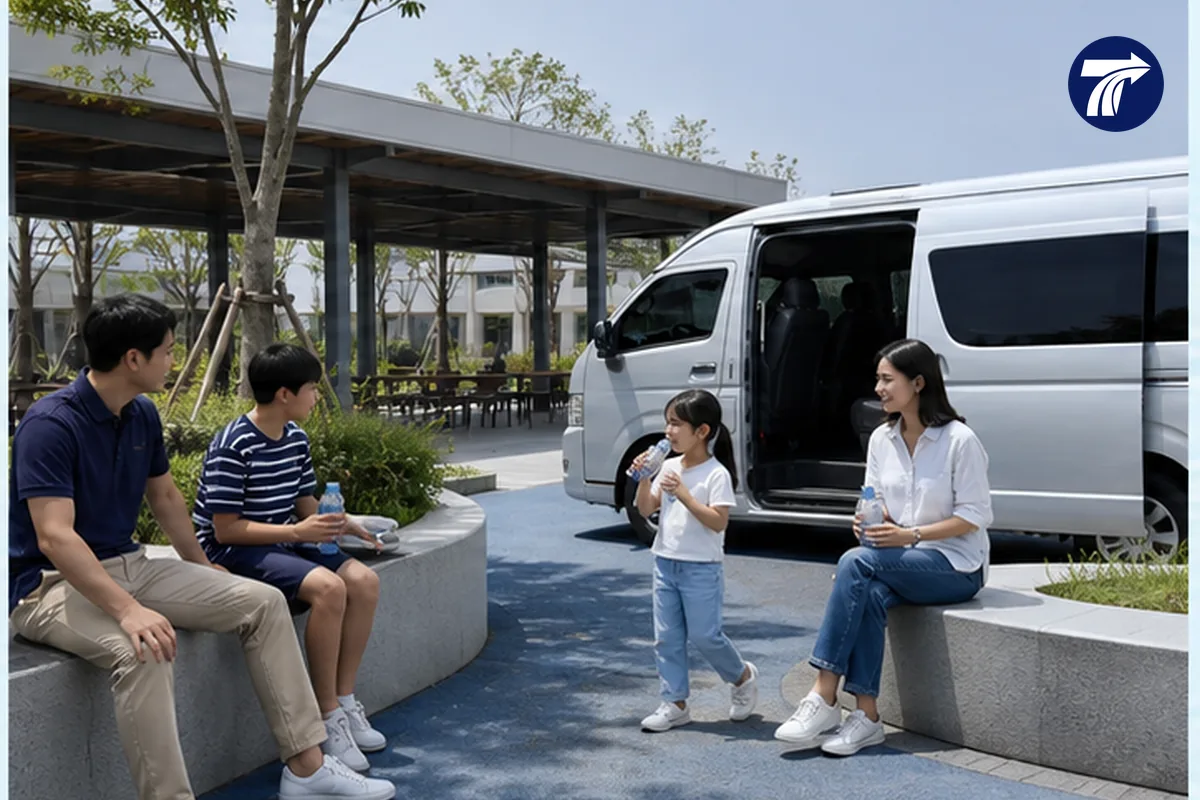 Family taking a safe planned comfort break during a private transfer