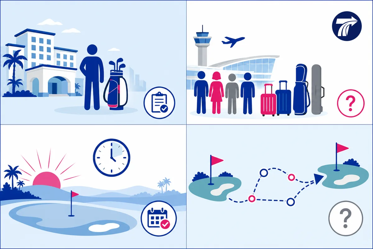 Golf transport scenario selector by group bags tee time and course location