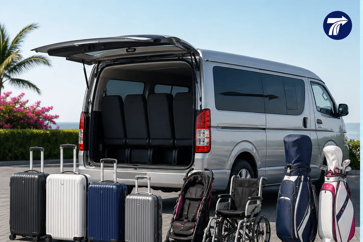 Suitcases, golf bags and stroller organized for a group transfer