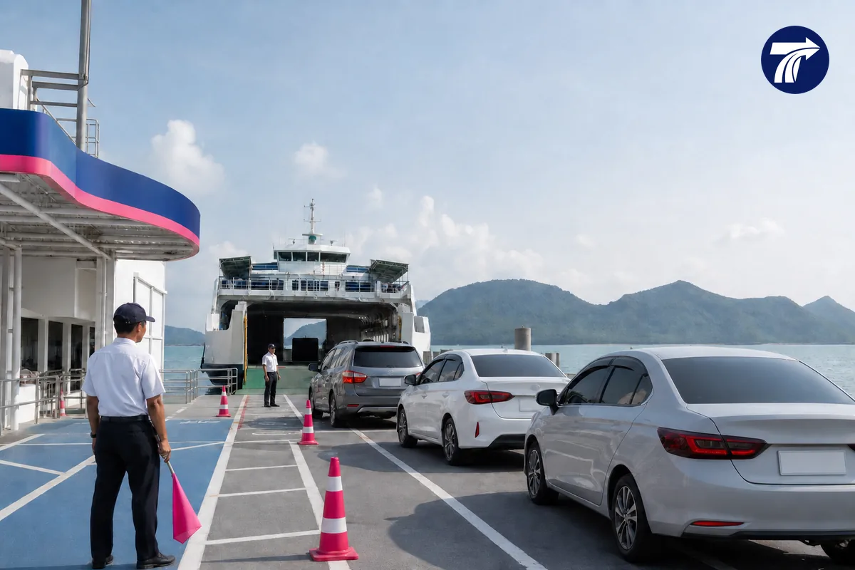 Vehicles waiting in an orderly queue for the Koh Chang ferry