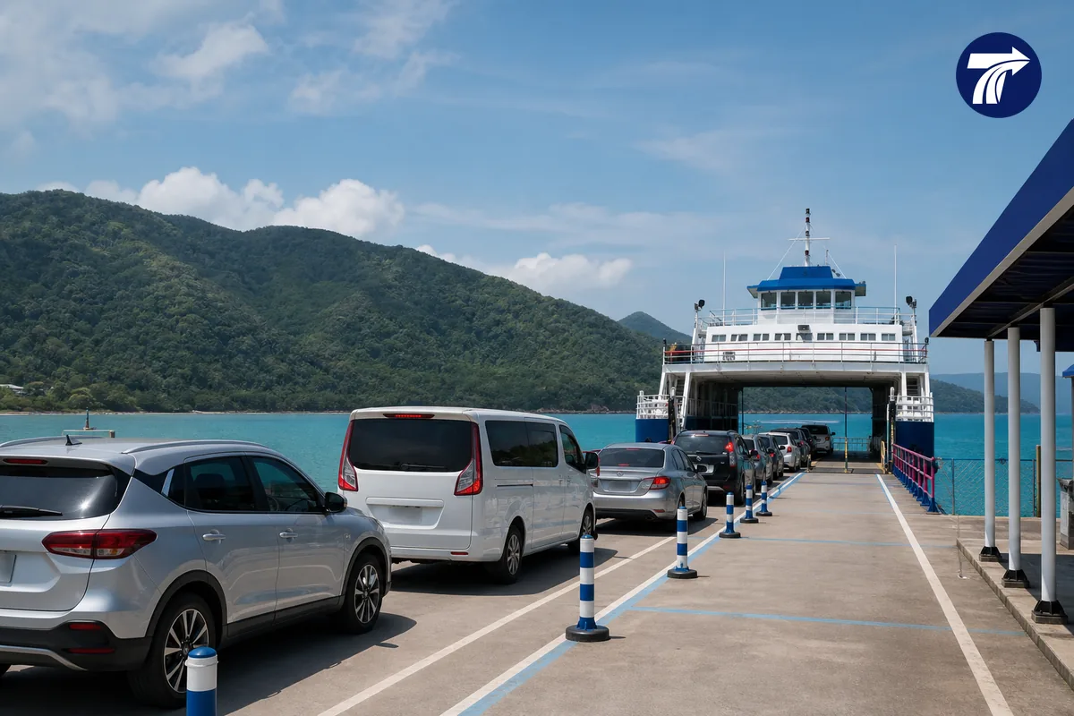 Orderly vehicle queue for a ferry leaving Koh Chang