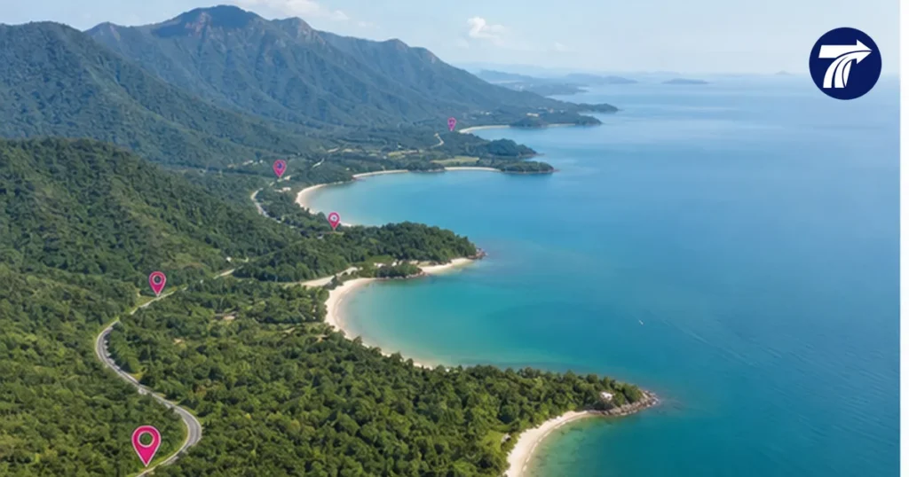 Scenic overview of Koh Chang hotel areas along a tropical coast