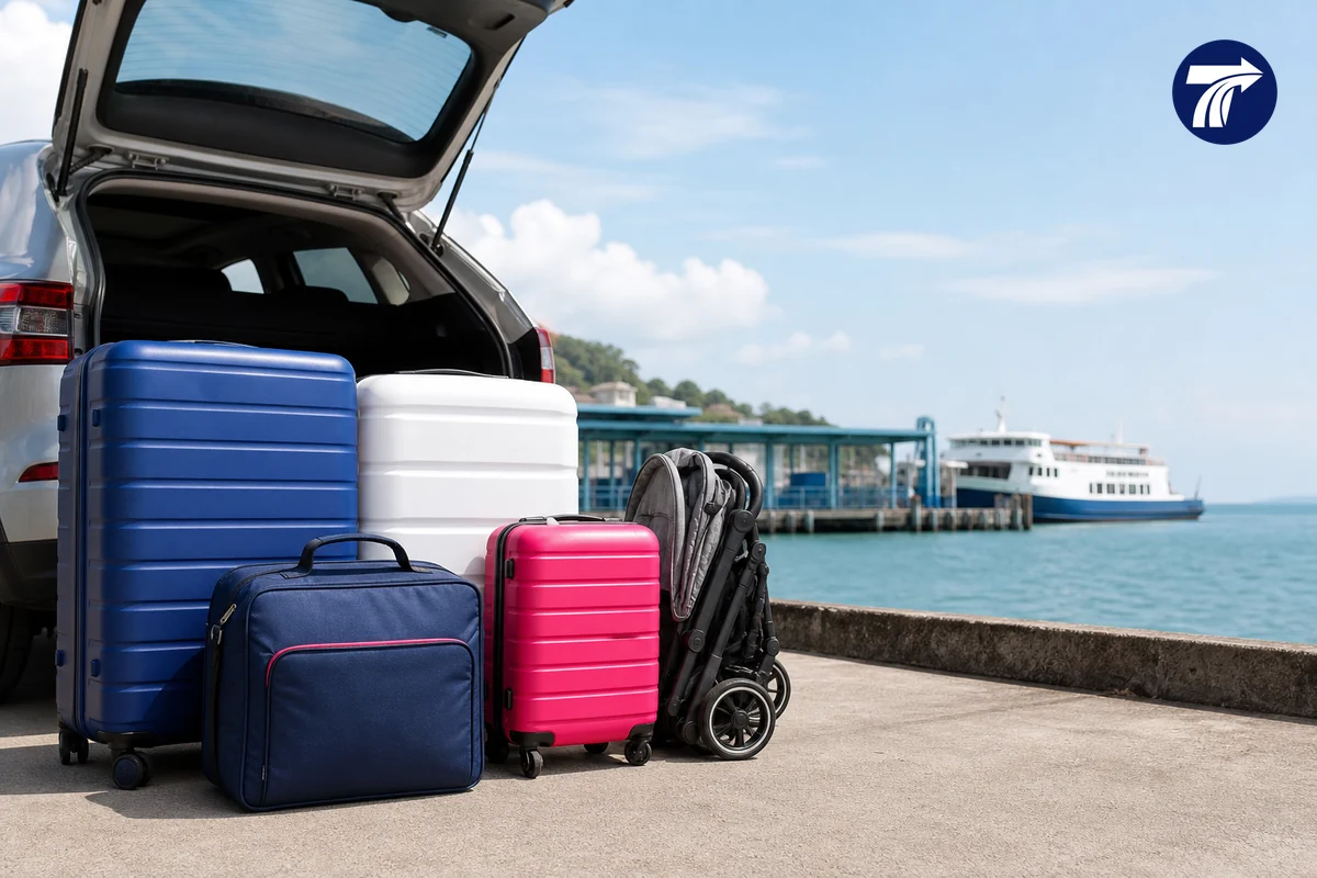 Travel luggage organized for a road and ferry journey to Koh Chang