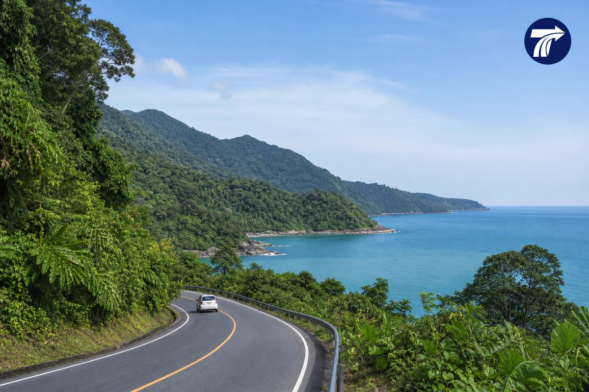 Scenic Koh Chang west-coast road leading toward beach hotel areas