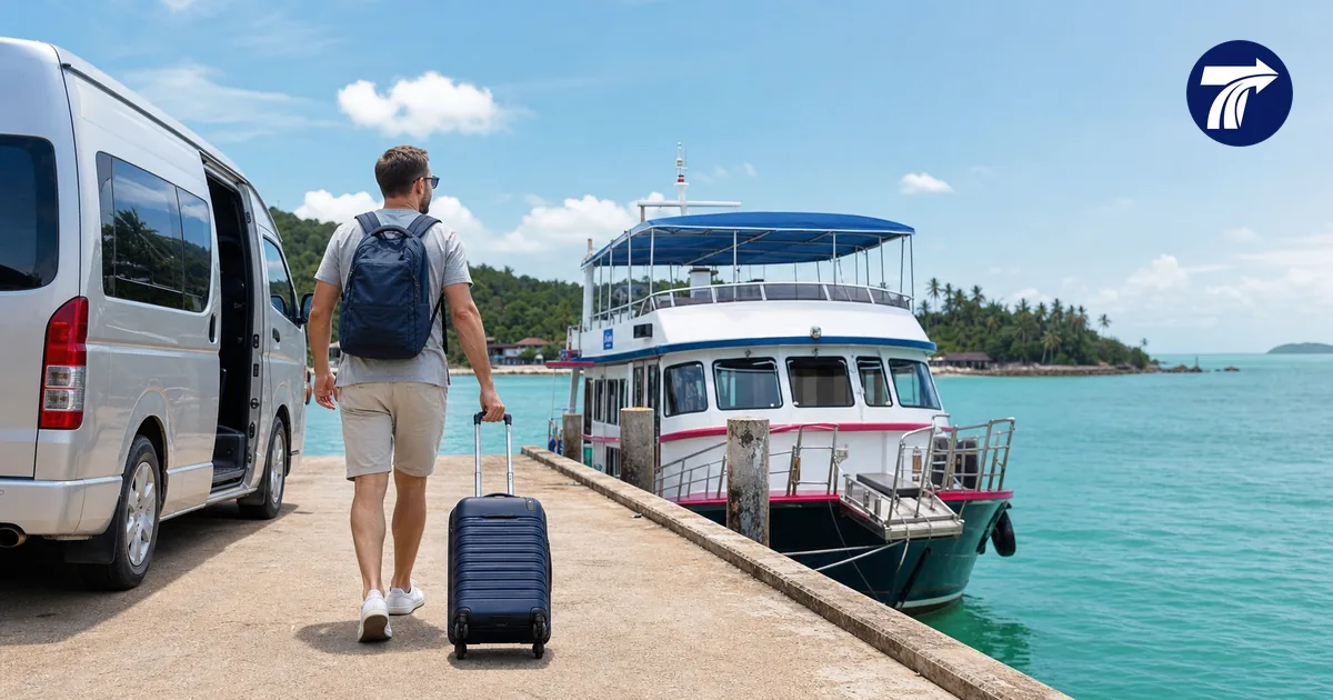 Traveller with manageable luggage transferring from a private vehicle toward a Koh Samet boat at Ban Phe