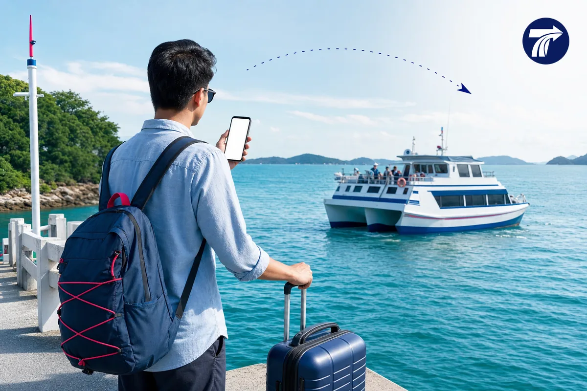 Traveller messaging a mainland driver before the return boat from Koh Samet