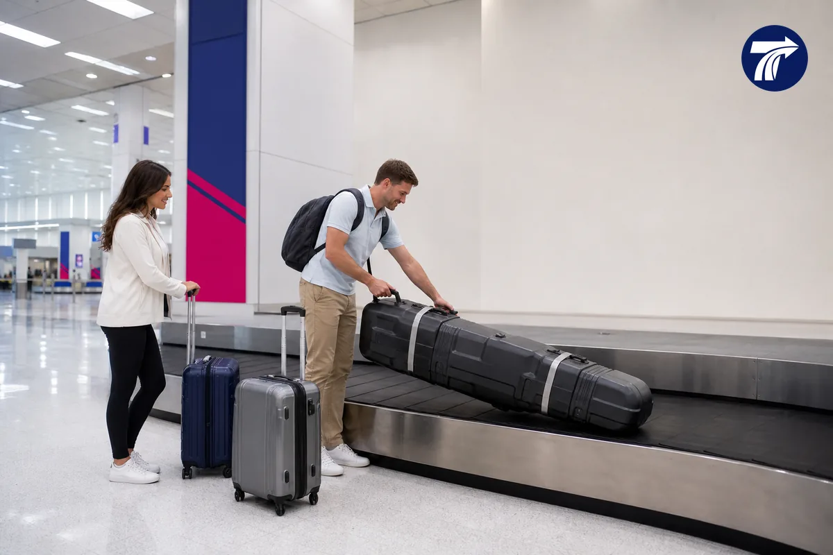 Golf travel bags collected from an oversized baggage area at an airport
