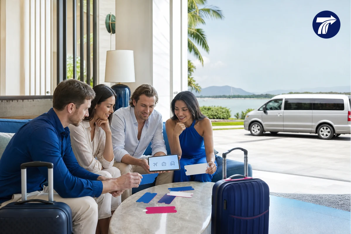 Group comparing public transport tickets with a private vehicle
