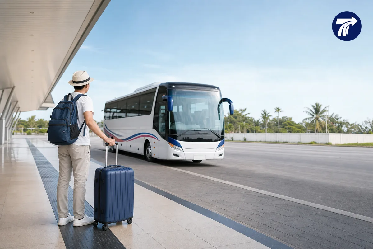 Traveller handling luggage during a bus terminal connection