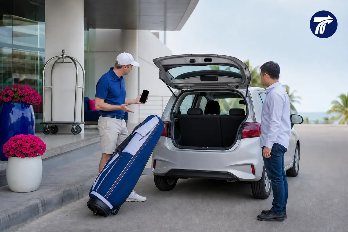 Golfer checking whether golf bags fit in a ride-hailing car