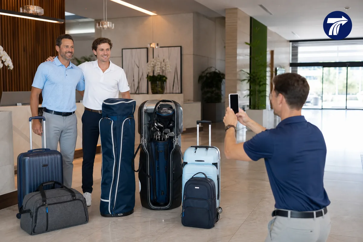 Golfers photographing all bags together before booking a transfer