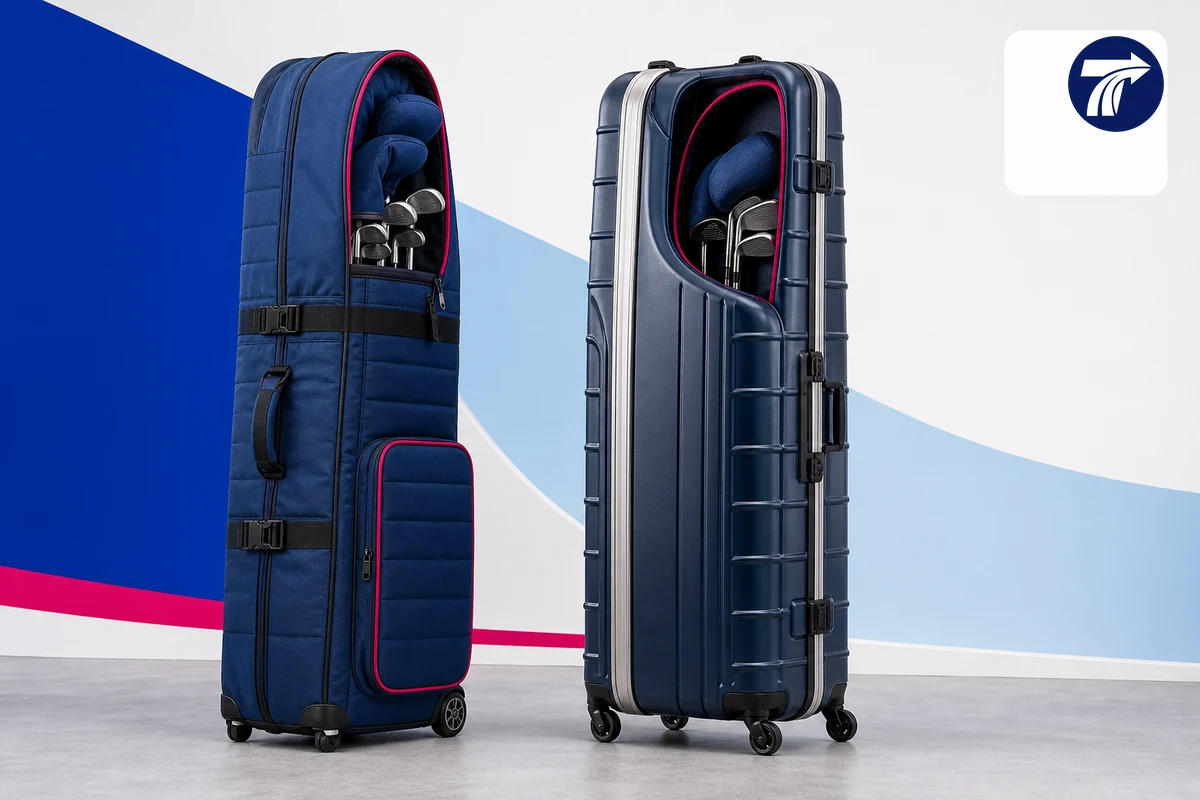 Soft golf travel bag compared with a rigid hard golf case