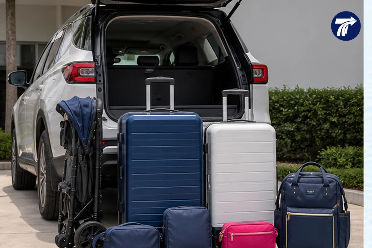 Folded stroller and family luggage prepared for a transfer