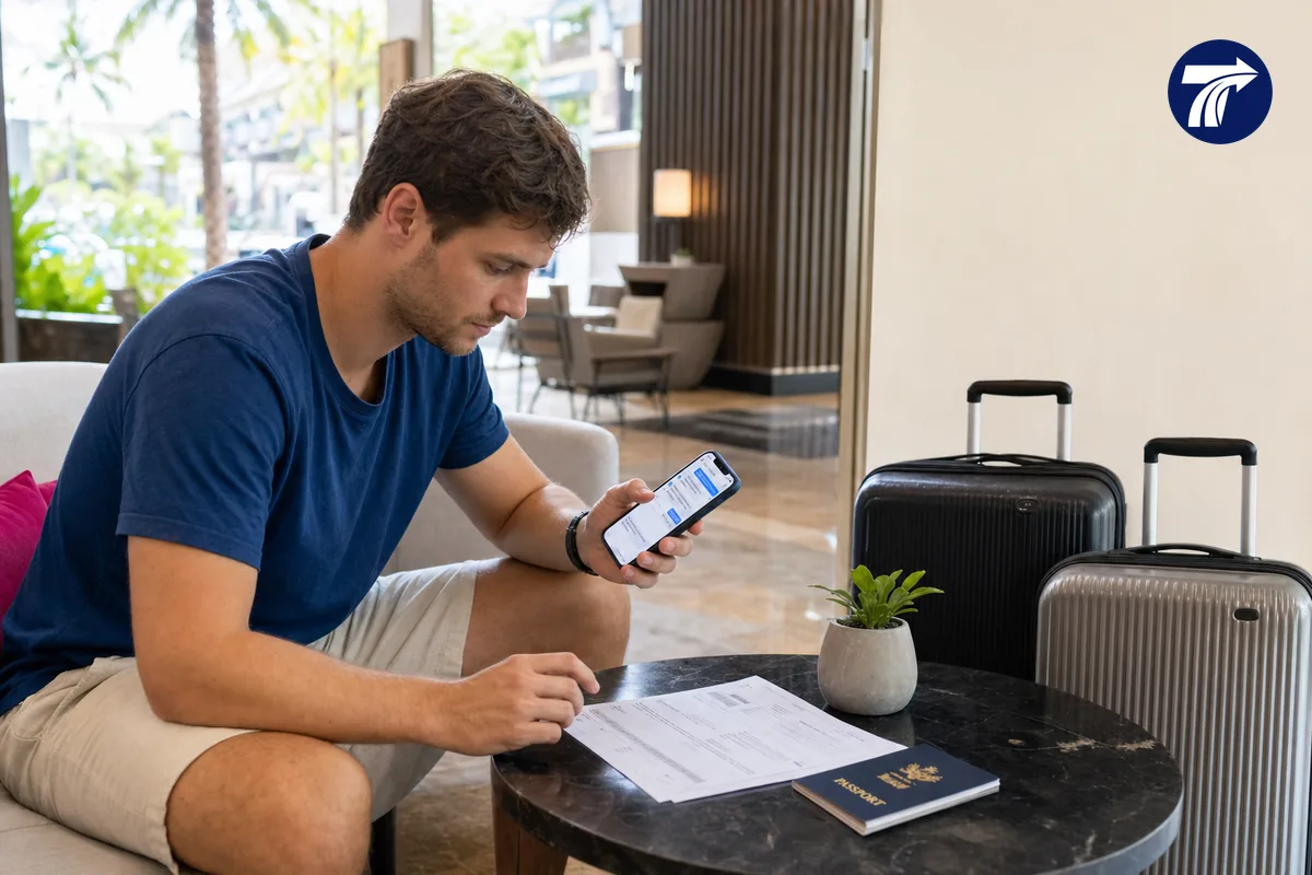 Traveler preparing flight and luggage details for a private taxi booking