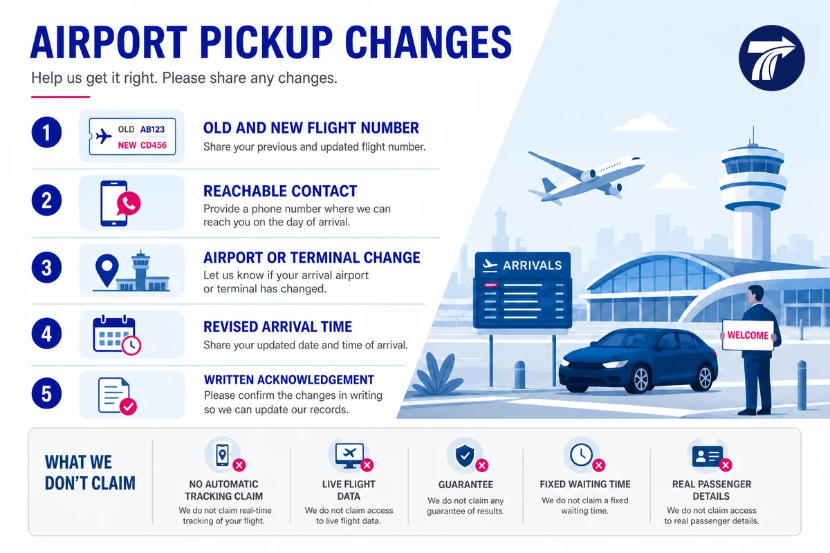 Checklist for reporting flight number contact and terminal changes before airport pickup