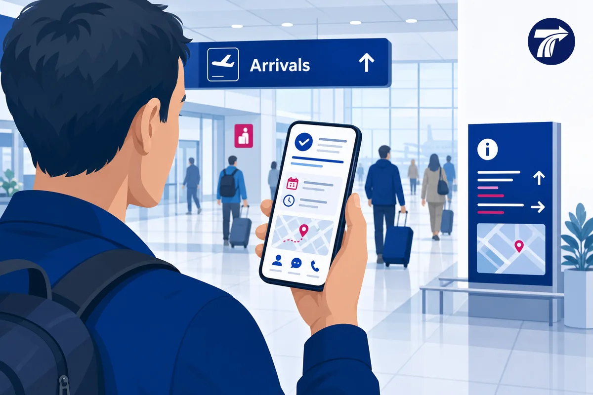 Traveller checking generic written airport pickup meeting instructions on a phone