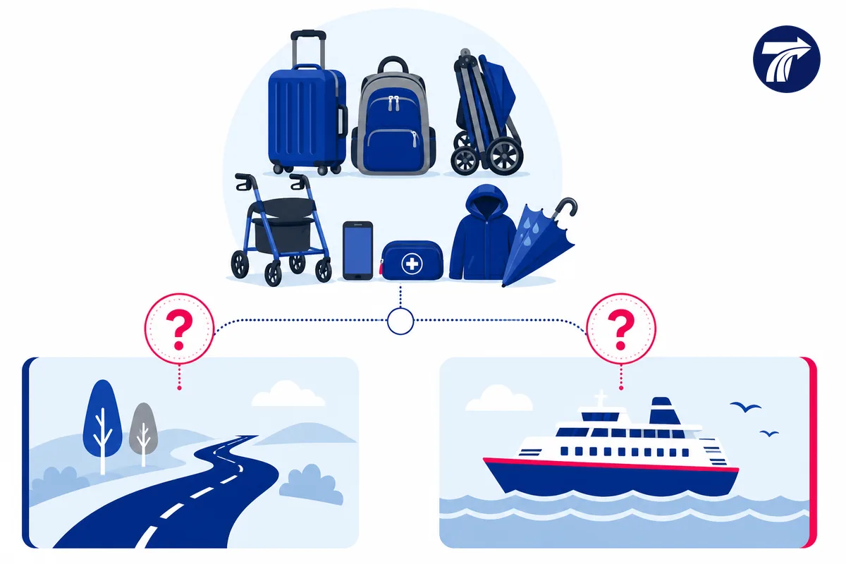Illustrative luggage and boarding preparation for separate pier handoffs