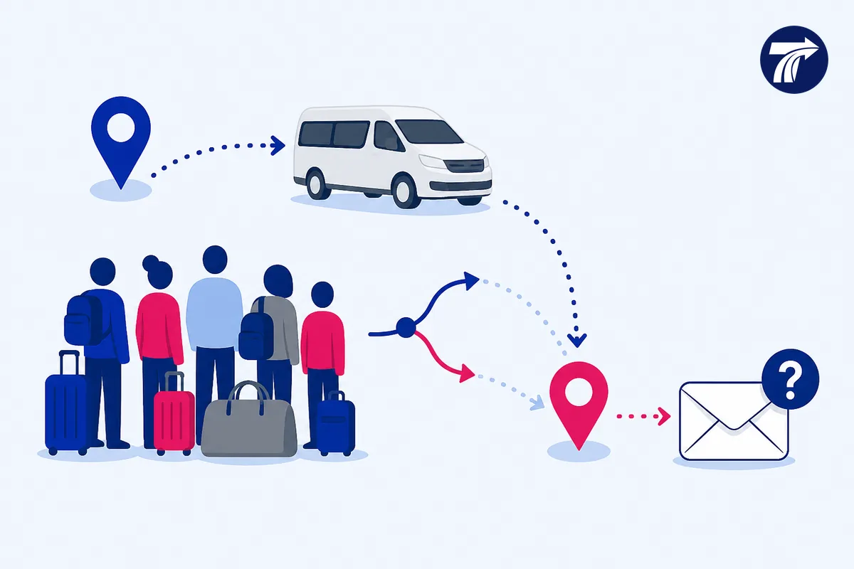 Illustrative written quote request with route load stop and confirmation symbols