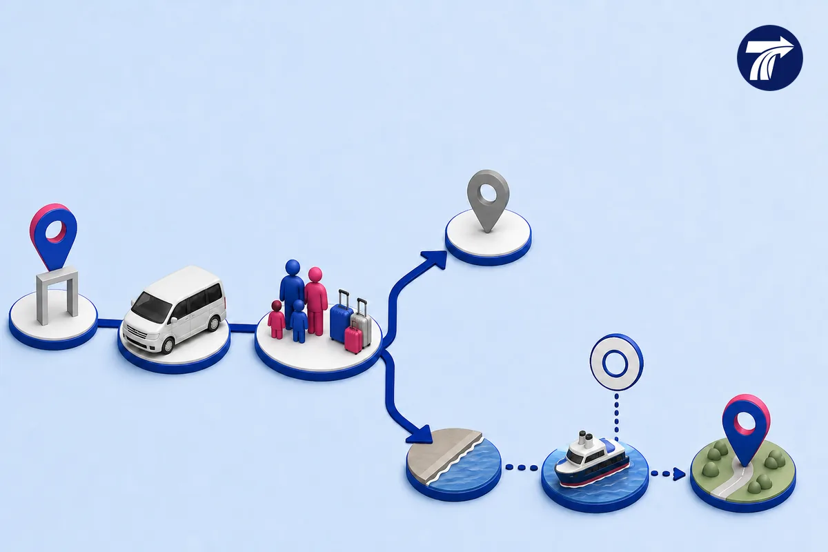 Illustrative private road chain with exact pickup load and conditional ferry scope