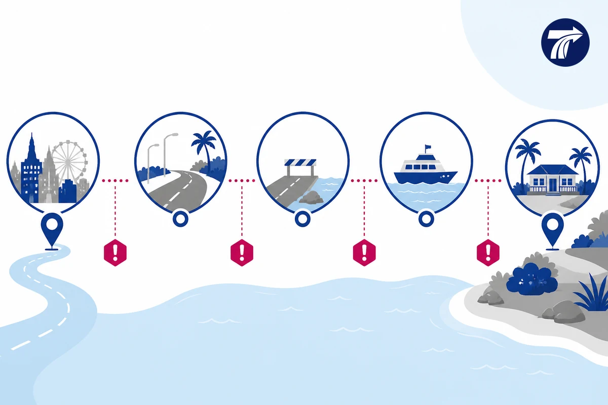 Illustrative Bangkok access road journey Ban Phe handoff sea leg and island access chain