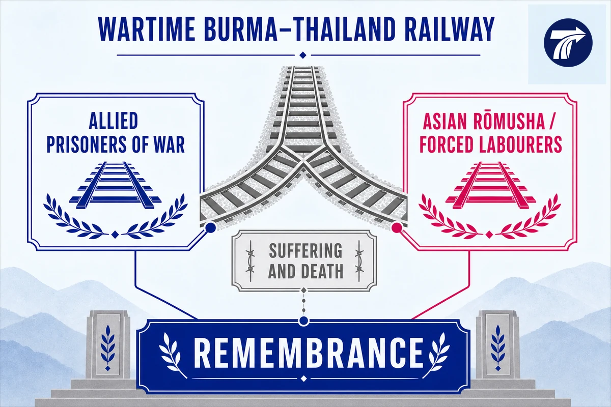 Respectful illustrative context diagram for the Burma Thailand Railway and affected labour groups