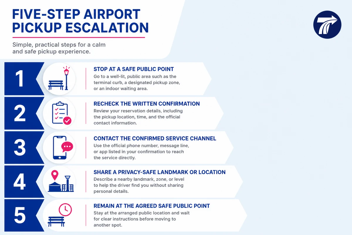 Five-step escalation diagram for passengers who cannot find their airport driver