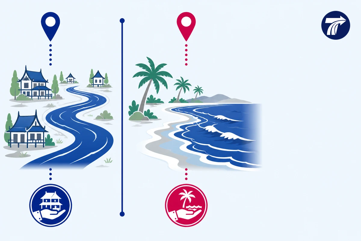 Diagram showing riverside waterfront and beach coastal areas as different settings
