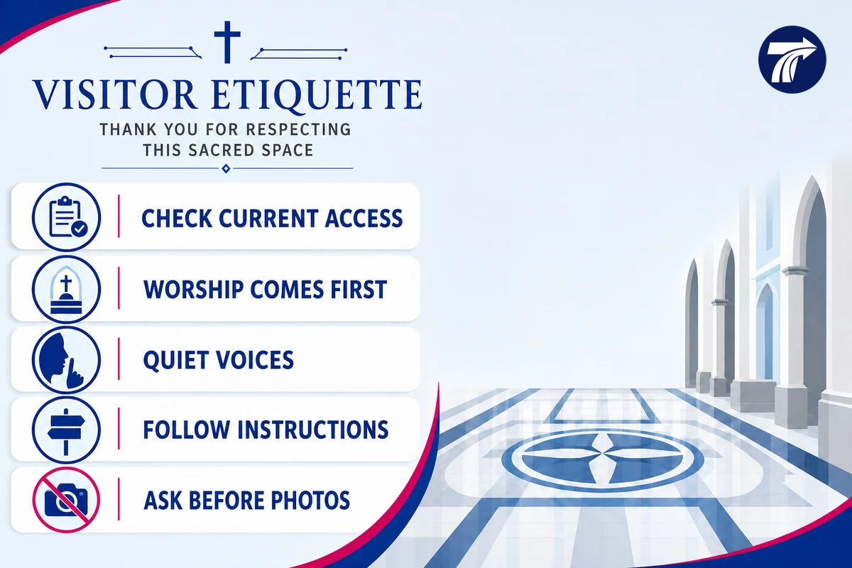 Respectful cathedral visitor etiquette and access-check infographic