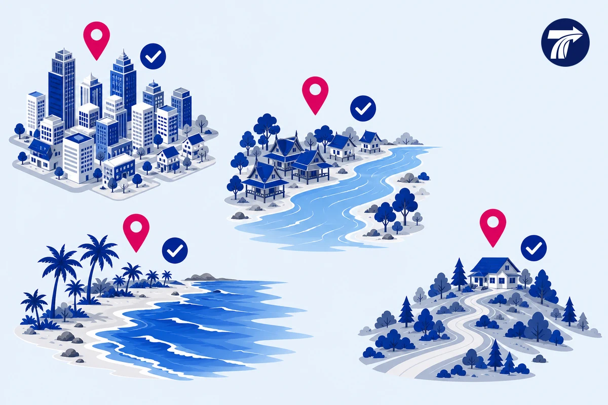 Diagram distinguishing city centre riverside Old Town coast and remote property areas