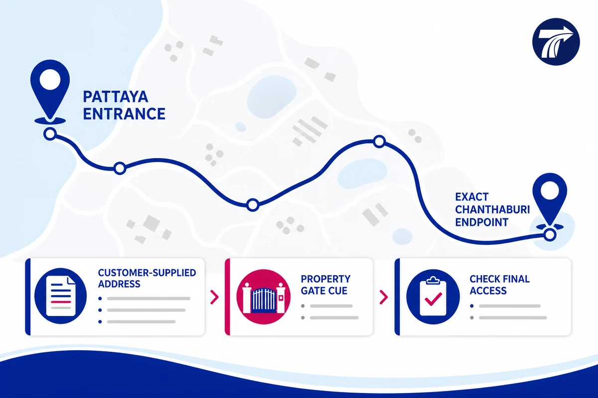 Schematic exact pickup and drop-off map pins for a Chanthaburi transfer quote