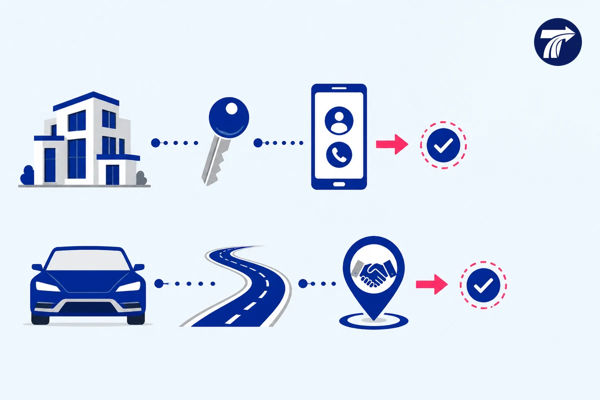 Late-arrival diagram with separate property and transport confirmations