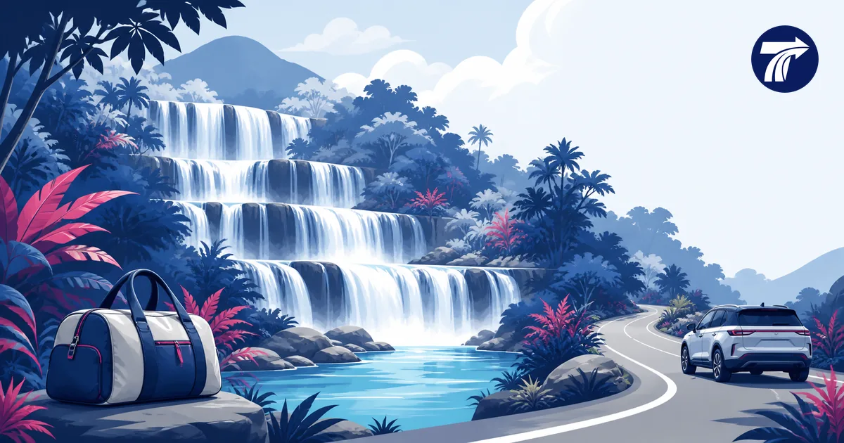 Illustrative overnight Erawan trip planning scene with a forest waterfall motif and private transfer vehicle